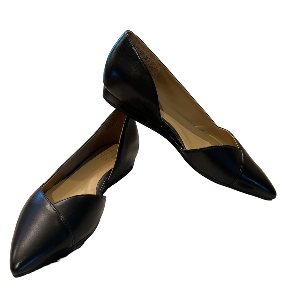 Naturalizer Kristin Black Leather D'Orsay Flats Pointed Toe Demi Wedge 8W NEW